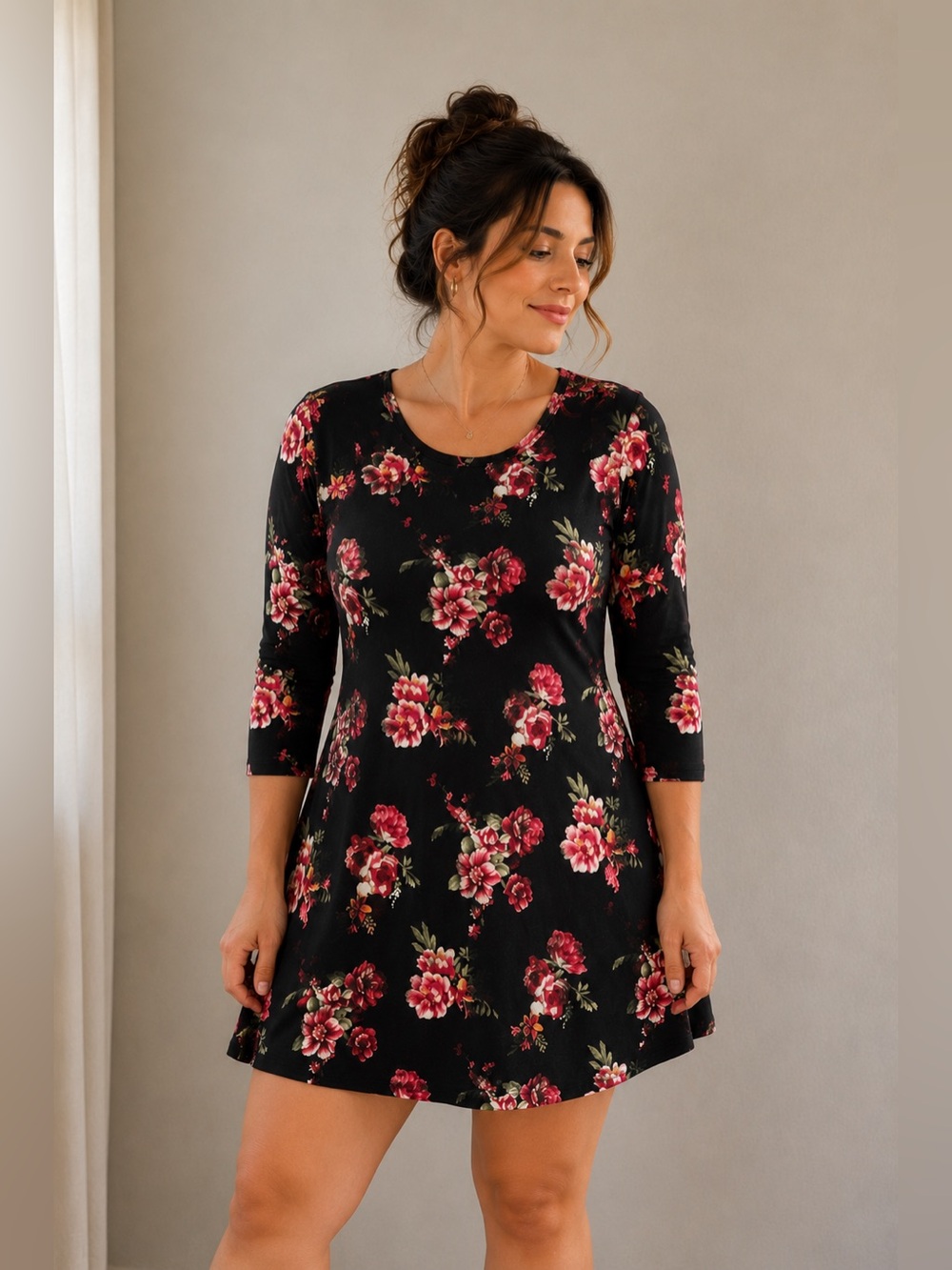Discreet Black Floral Swing Dress Size S Soft Stretch Feminine